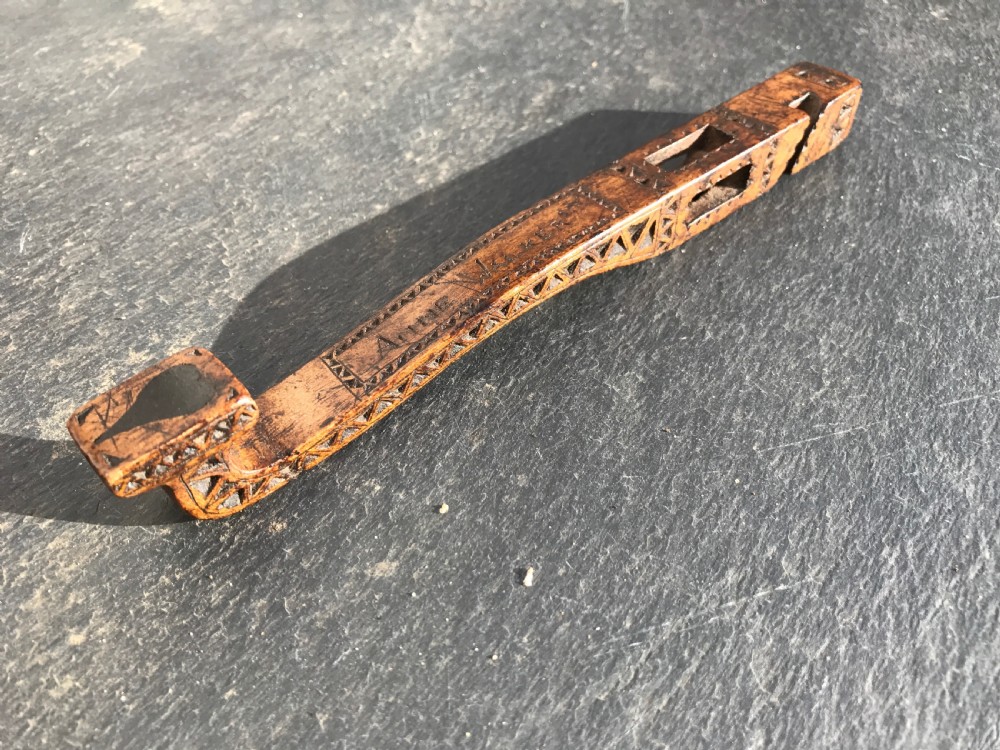 Antique Knitting Sheath, dated 1804, hearts, ball and open lantern View IV