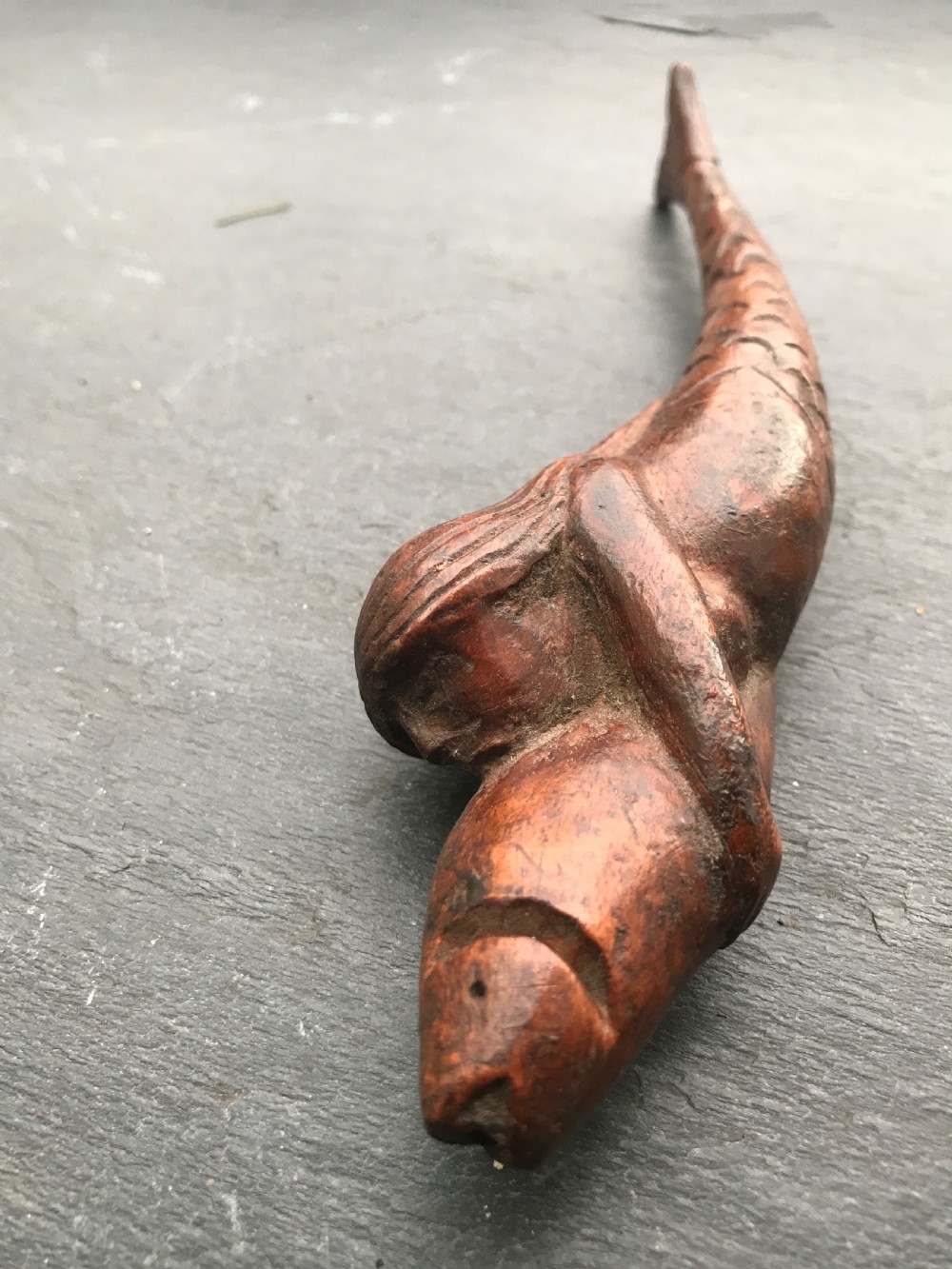 A rare shaped treen knitting sheath in the shape of a mermaid  View III