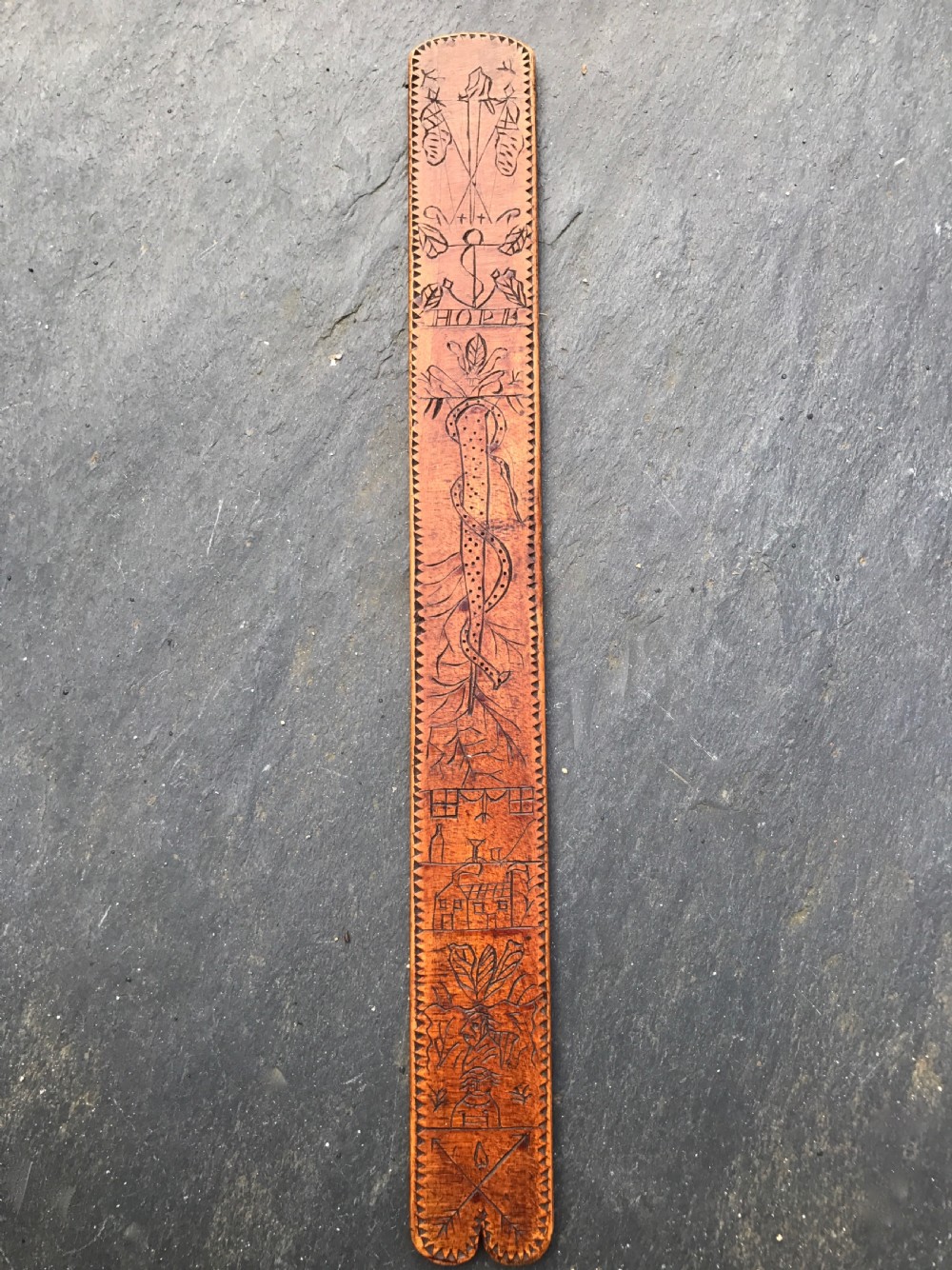 An interesting 19th century treen stay busk  - sailors piece with 'HOPE' 