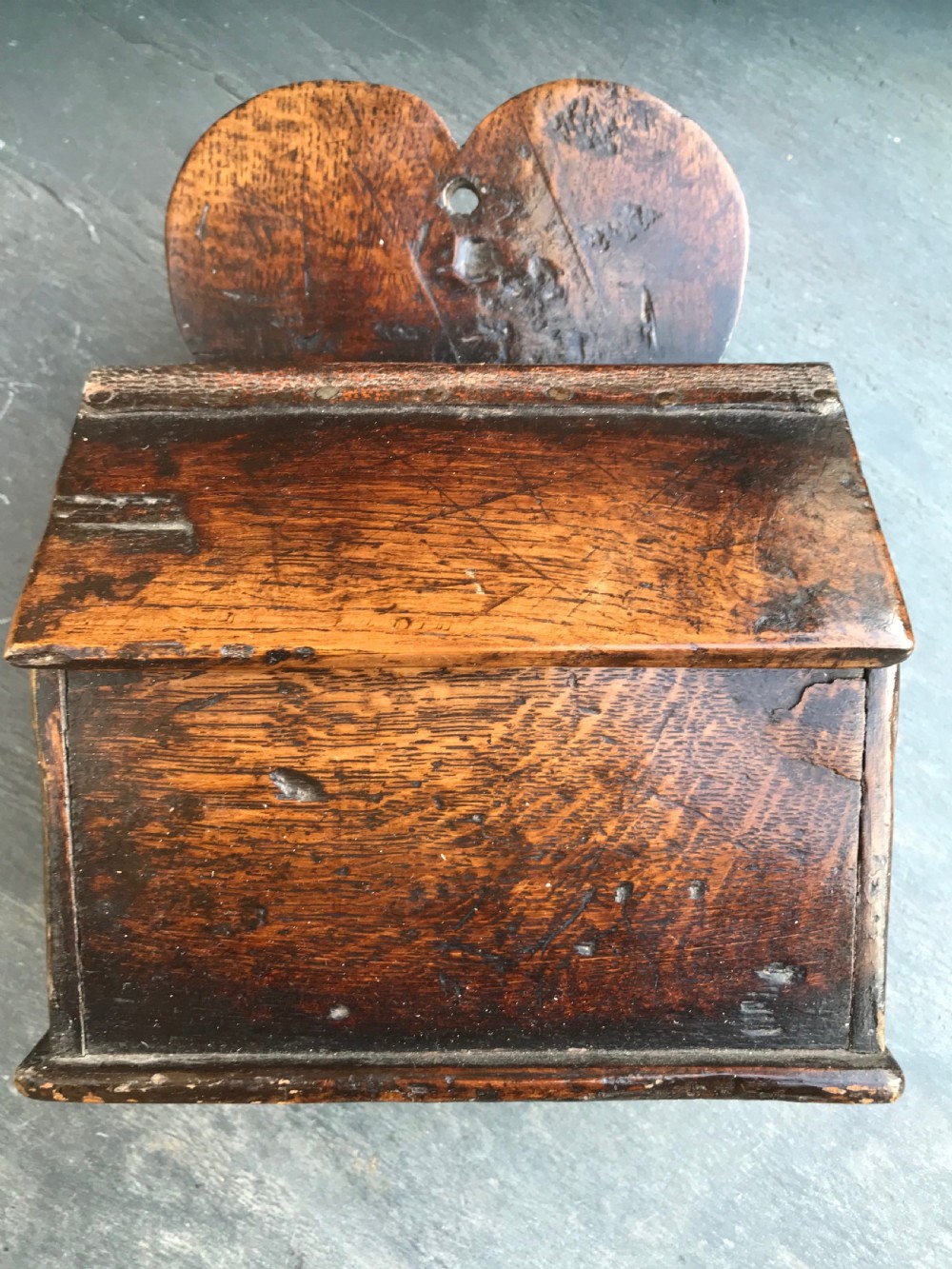 A small antique oak salt box - heart backboard
