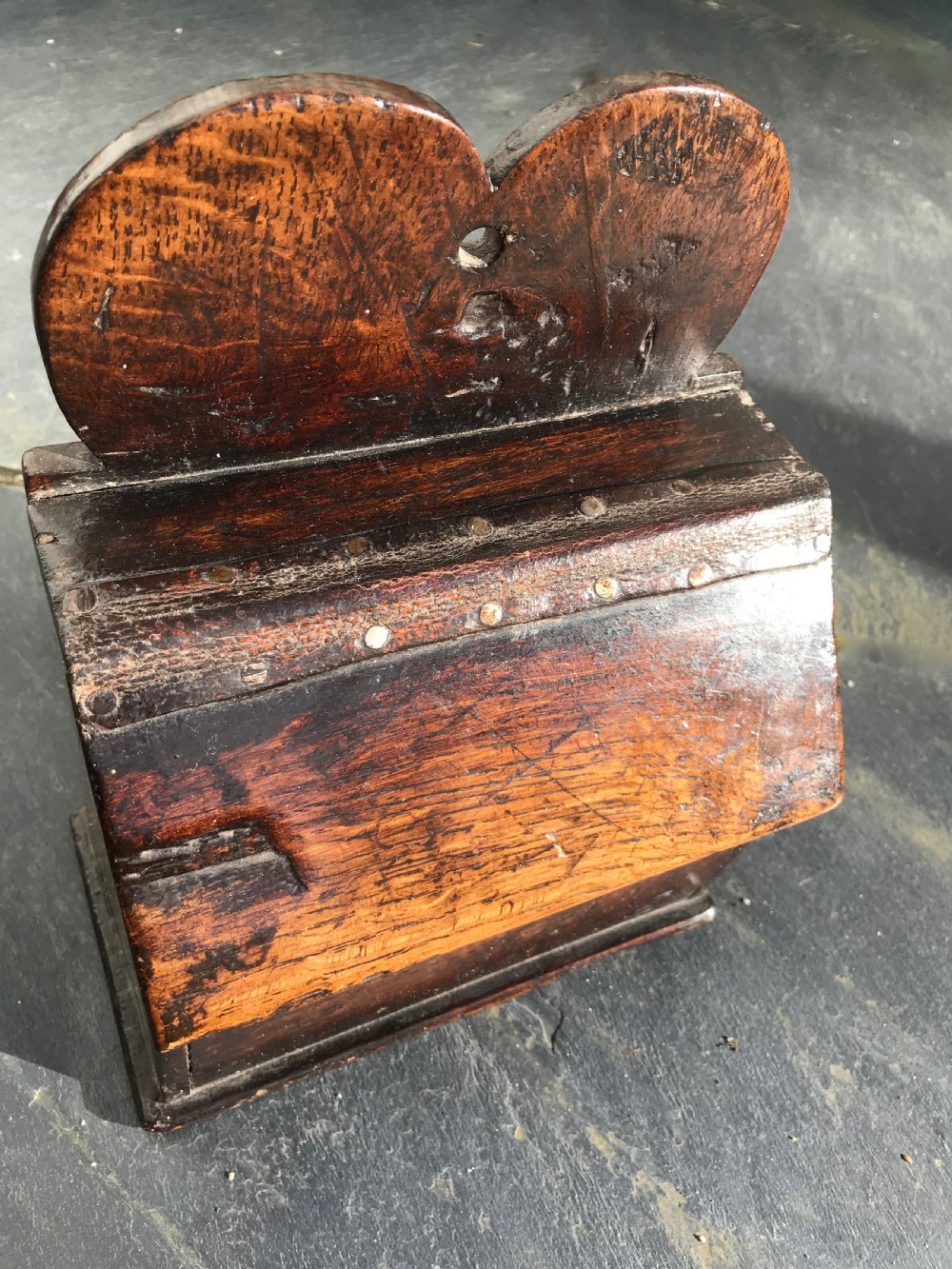 A small antique oak salt box - heart backboard View III