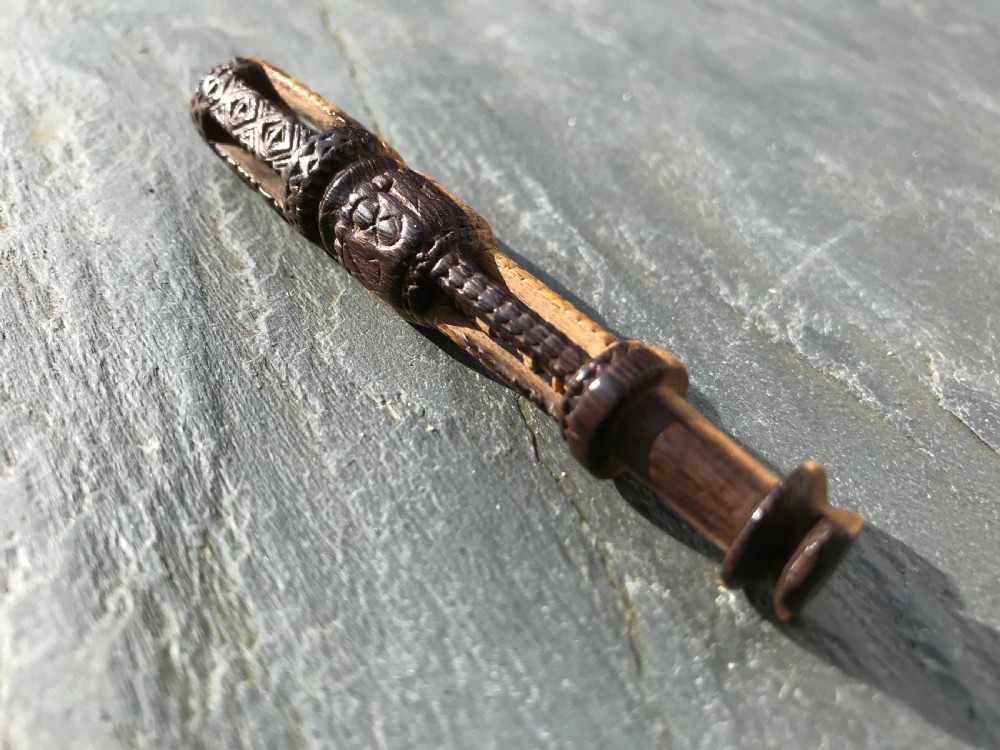 An unusual  fruitwood  lace bobbin dated 1828 - chip carved/balls/lantern View II
