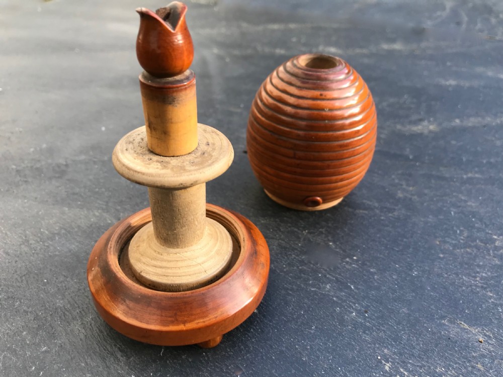 A lovely mid 19th century box wood string/thread/twine holder in the shape of a bee hive View II