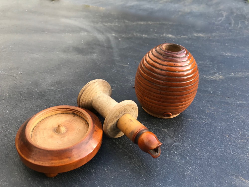 A lovely mid 19th century box wood string/thread/twine holder in the shape of a bee hive View III