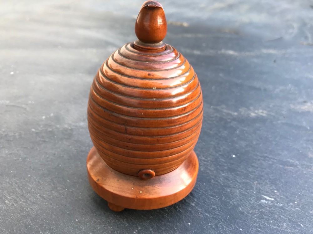 A lovely mid 19th century box wood string/thread/twine holder in the shape of a bee hive View V