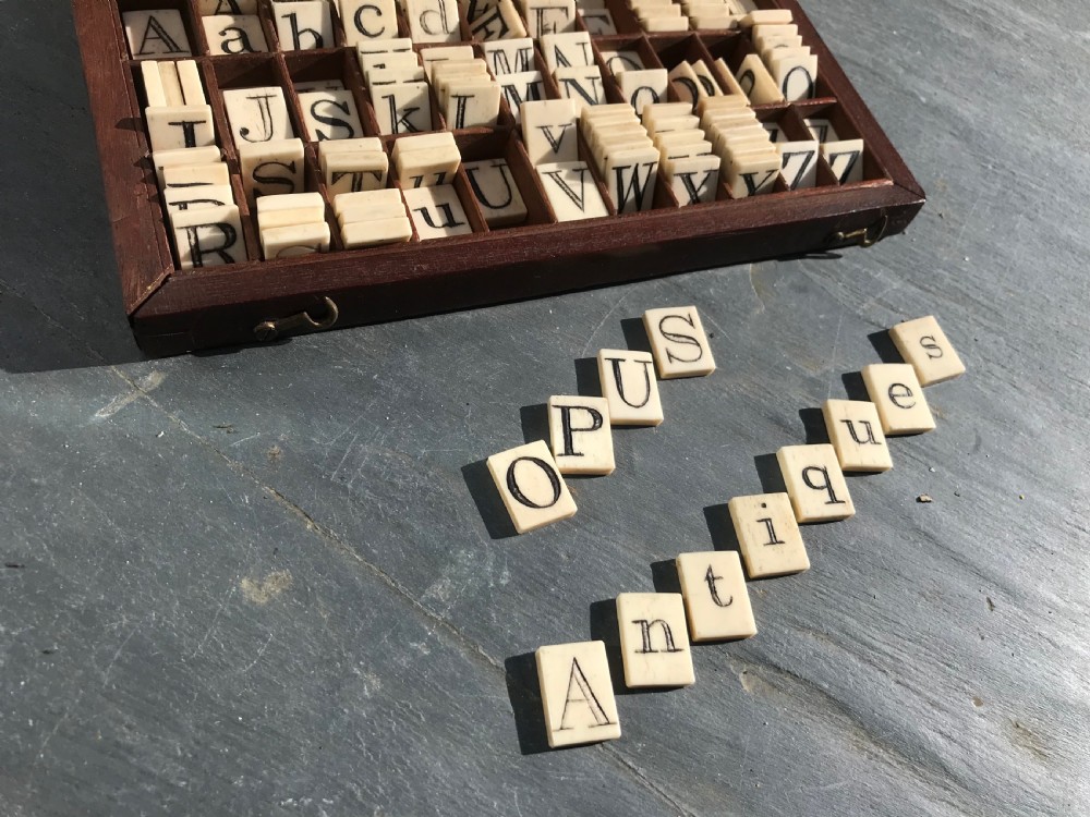 A 19th century mahogany boxed set of bone alphabet tiles View V