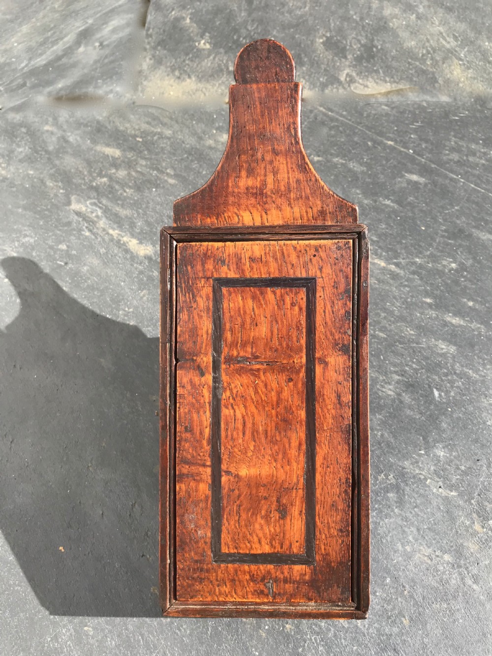 A Georgian oak tinder box with inlaid lid and lovely burr oak sides. View II