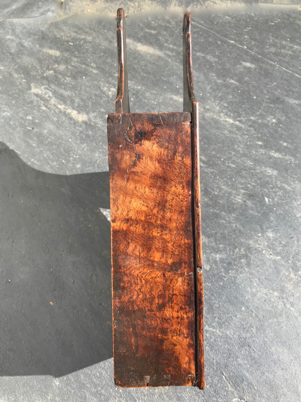 A Georgian oak tinder box with inlaid lid and lovely burr oak sides. View III
