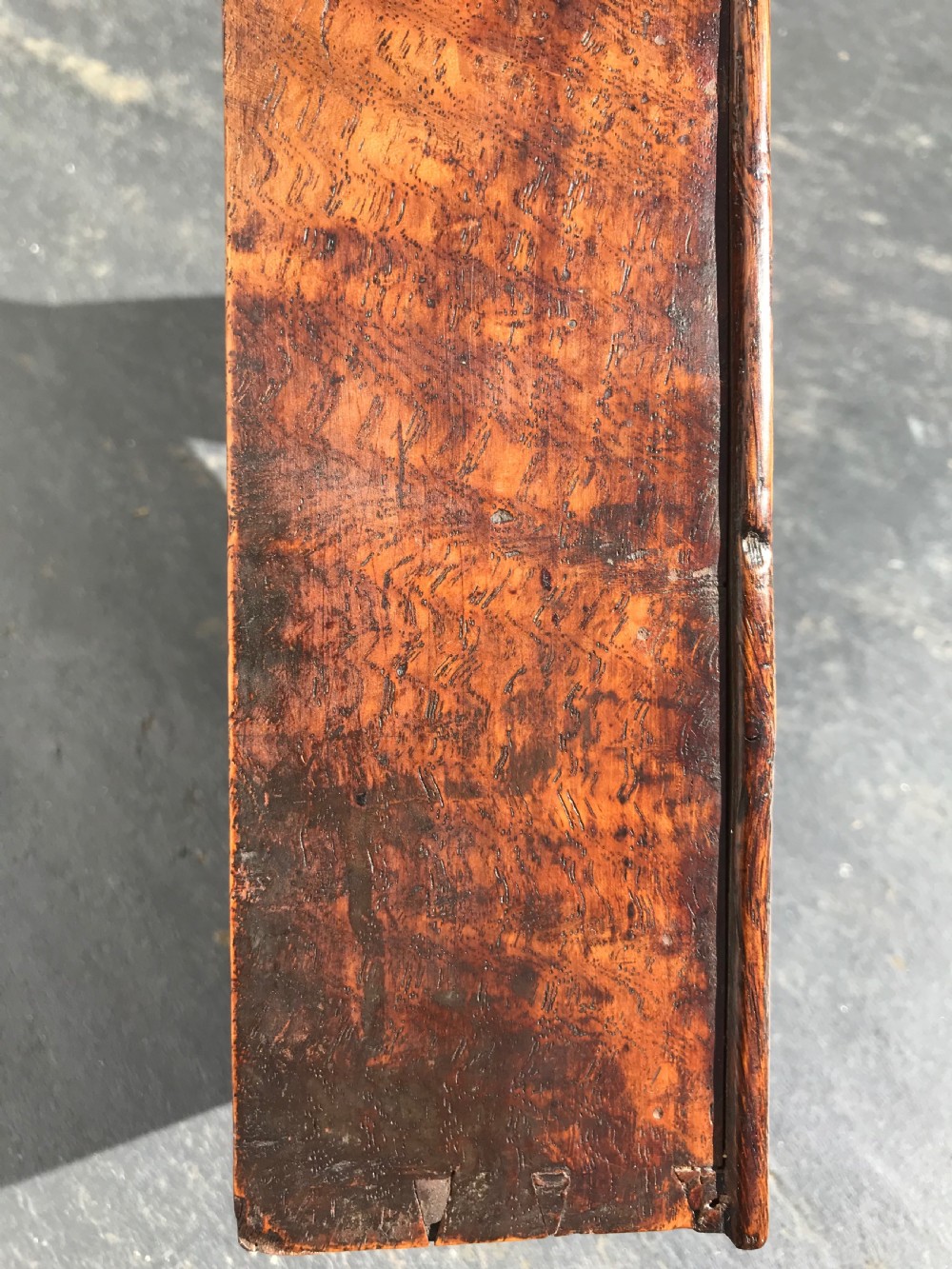 A Georgian oak tinder box with inlaid lid and lovely burr oak sides. View IV