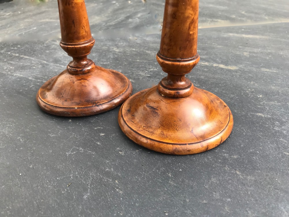Antique Burr Birch Candlesticks - lead weighted base View II