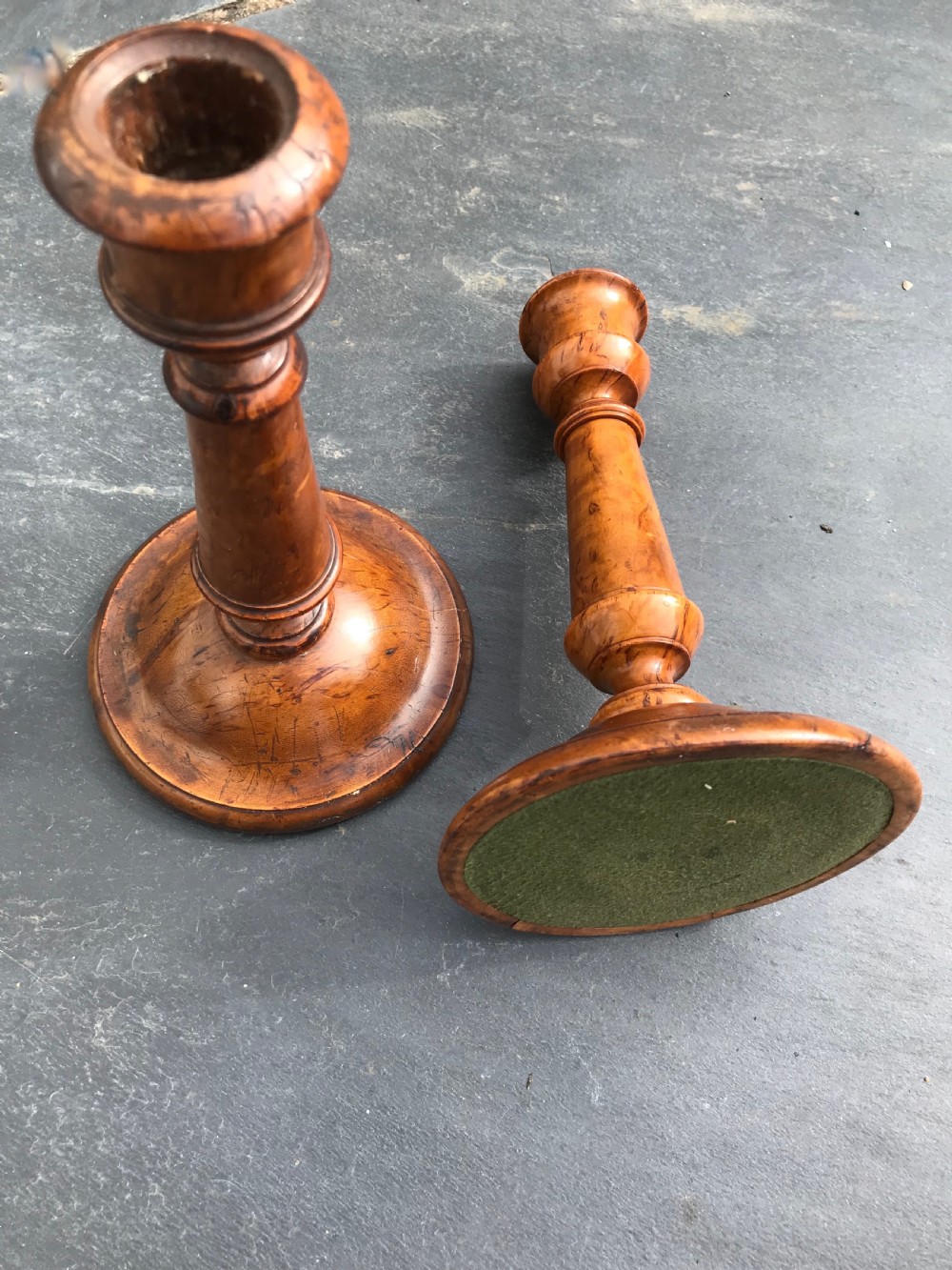Antique Burr Birch Candlesticks - lead weighted base View III