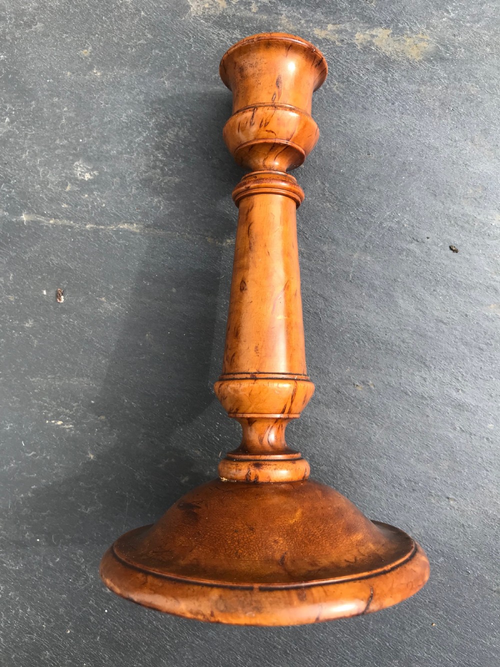 Antique Burr Birch Candlesticks - lead weighted base View VI