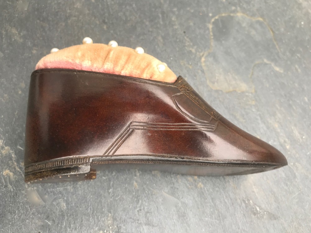 A Victorian  antique treen pin cushion in the shape of a shoe View II