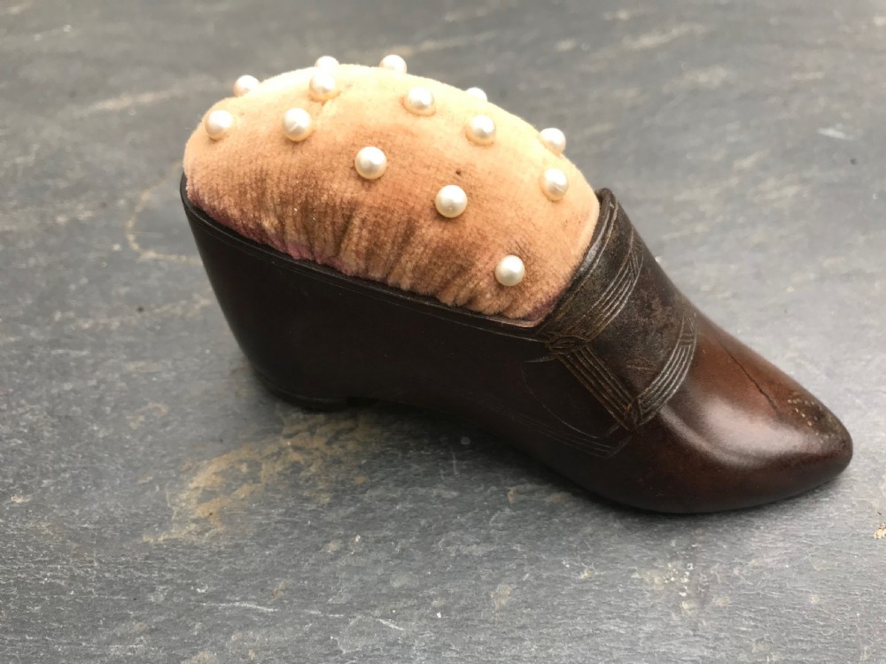 A Victorian  antique treen pin cushion in the shape of a shoe View IV
