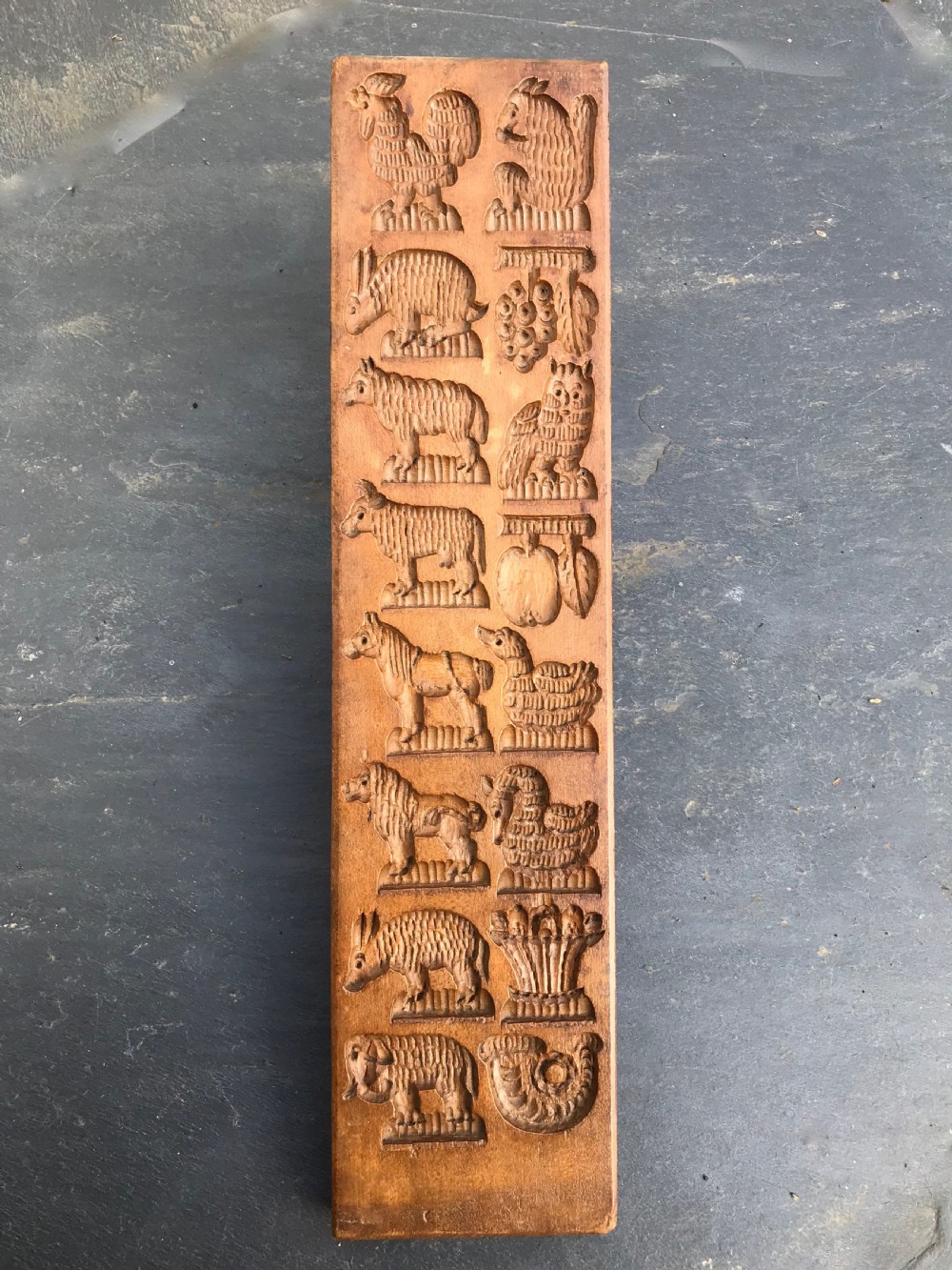 Antique Treen Biscuit Mould - carved animals
