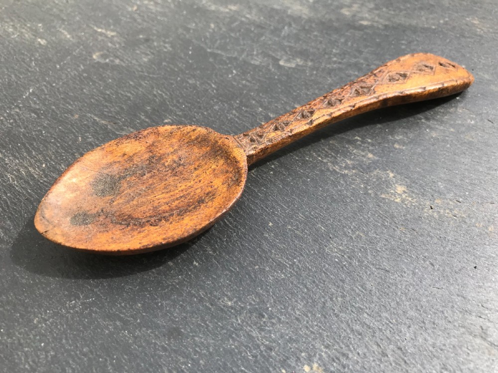 Antique Treen Welsh Chip Carved Spoon - Dated 1797