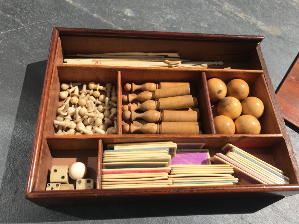 Antique Mahogany Games Box - Mini  Skittles, Solitaire, Spellicans View II