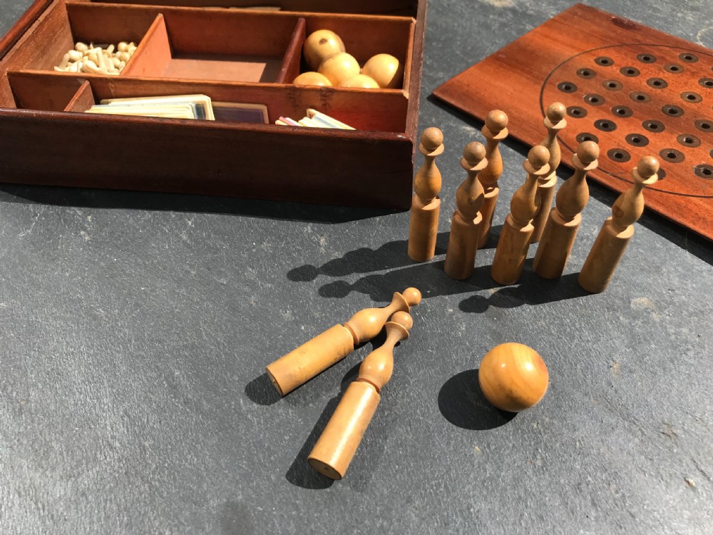 Antique Mahogany Games Box - Mini  Skittles, Solitaire, Spellicans View III