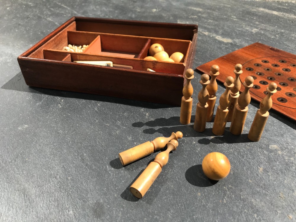 Antique Mahogany Games Box - Mini  Skittles, Solitaire, Spellicans View V