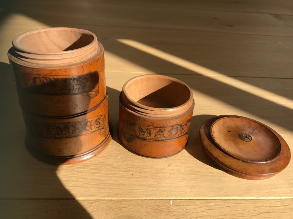 Antique Three Tier Treen Spice Tower - original labels View II