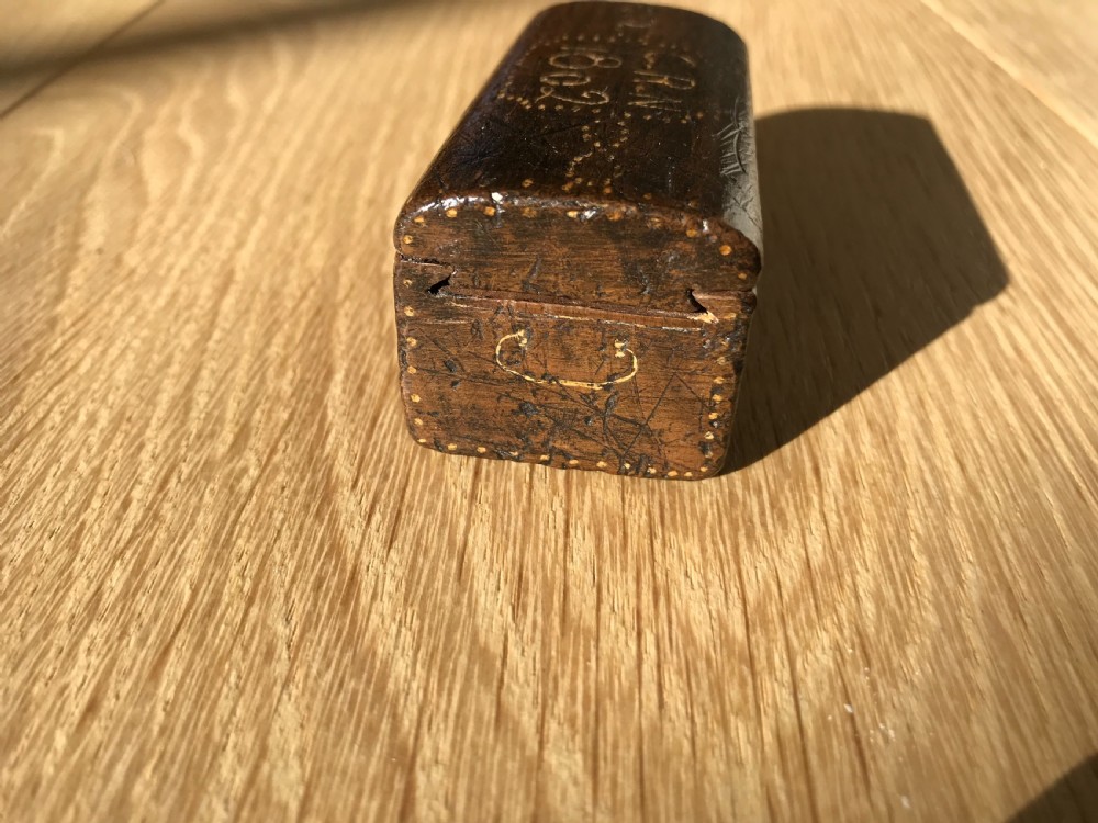 An unusual treen snuff box - travelling trunk, dated 1802. View II