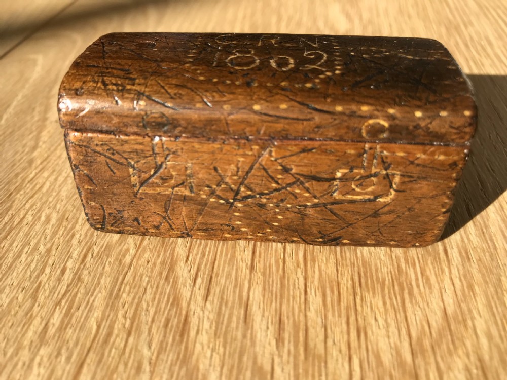 An unusual treen snuff box - travelling trunk, dated 1802. View IV