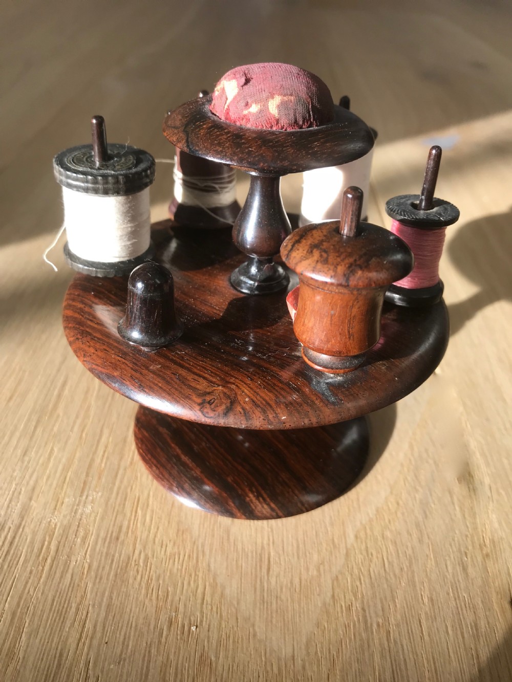 Antique Reel, Tape Measure, Thimble & Pin Cushion rosewood  stand