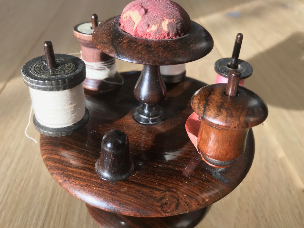 Antique Reel, Tape Measure, Thimble & Pin Cushion rosewood  stand View III