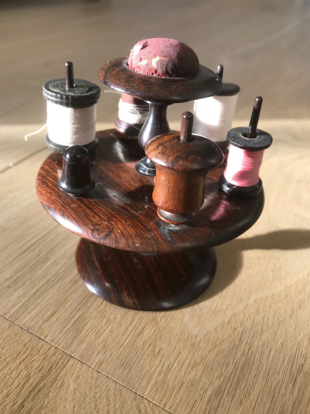 Antique Reel, Tape Measure, Thimble & Pin Cushion rosewood  stand View IV