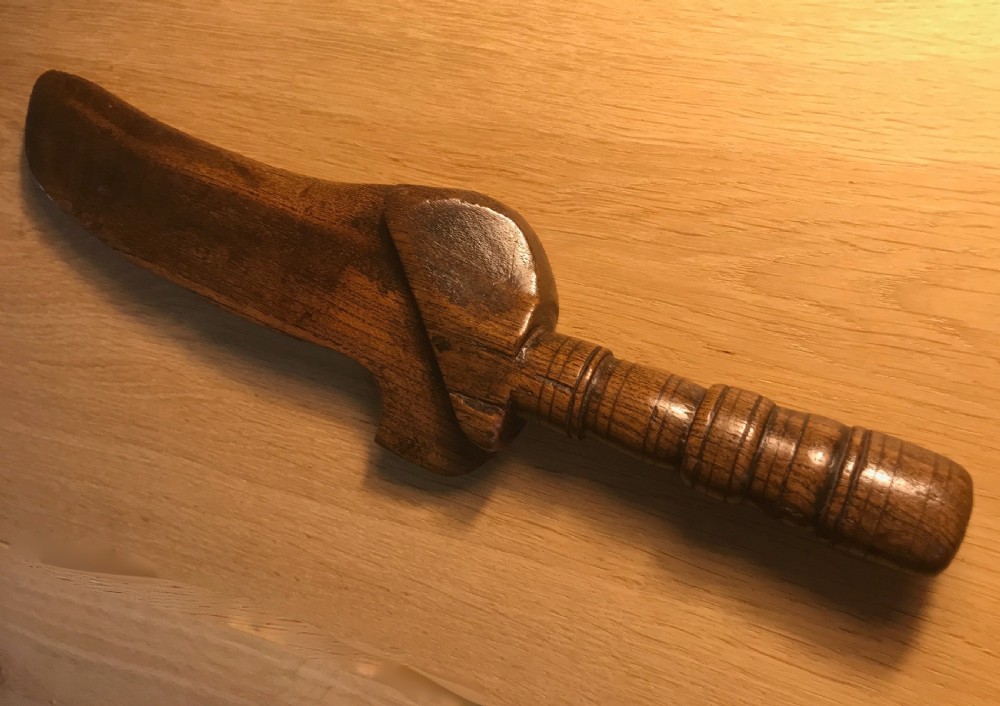 A rare  antique treen oak lead miners working knitting sheath