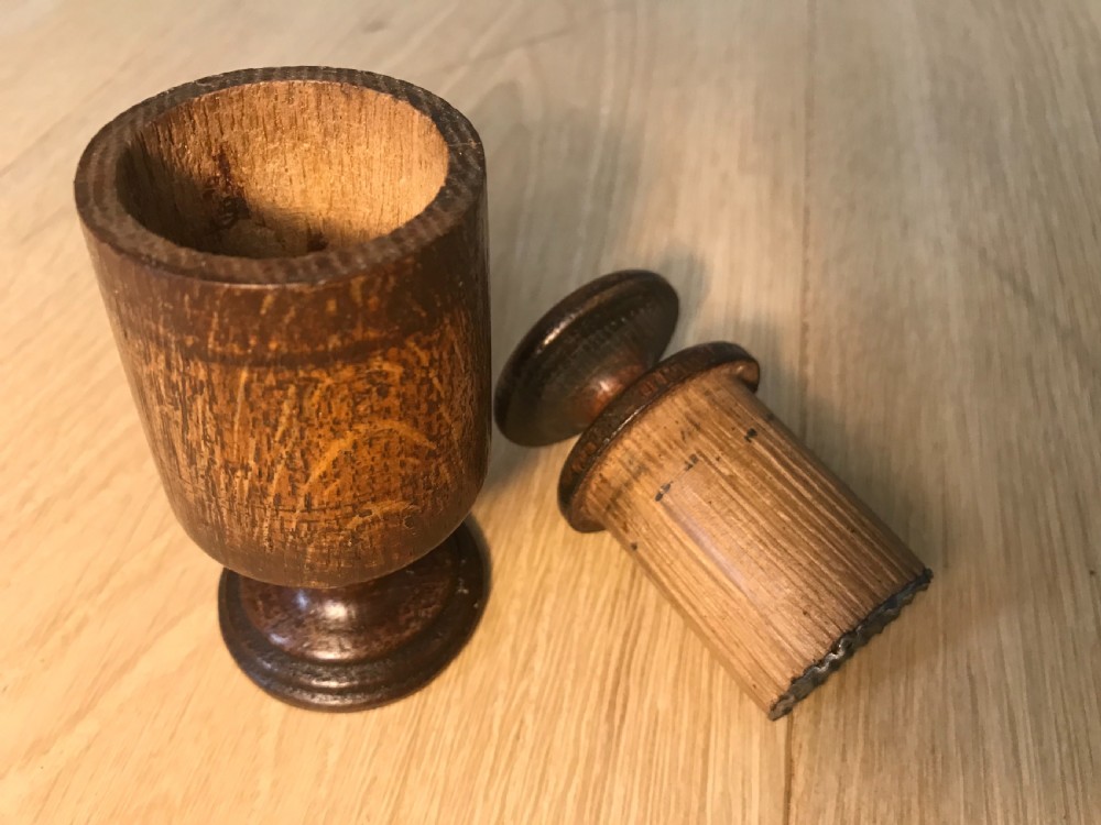 An antique treen spice or apothecary grinder View II