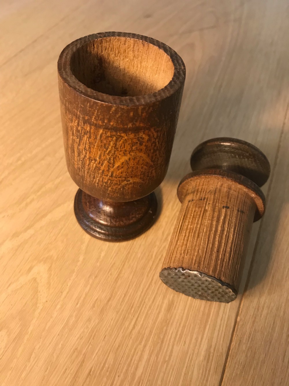 An antique treen spice or apothecary grinder View III
