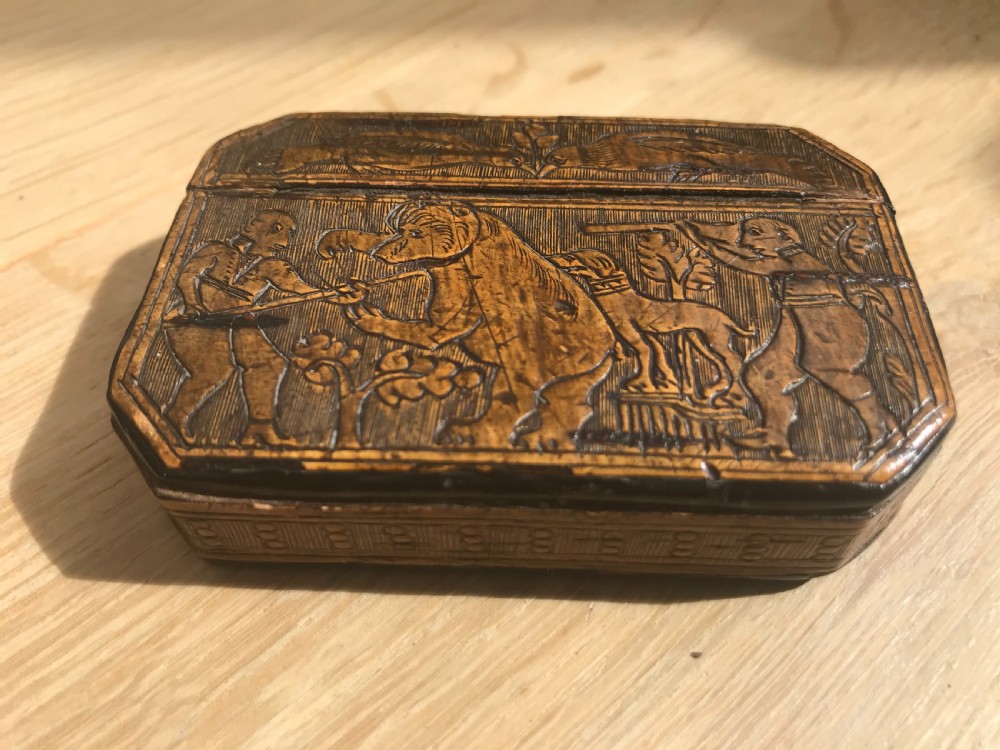 An interesting double sided pressed birch wood antique snuff box