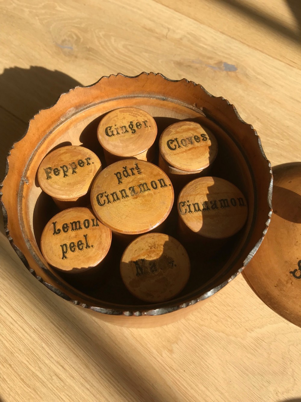 Antique Scottish Spice Box - inside with spice pots - treen View II