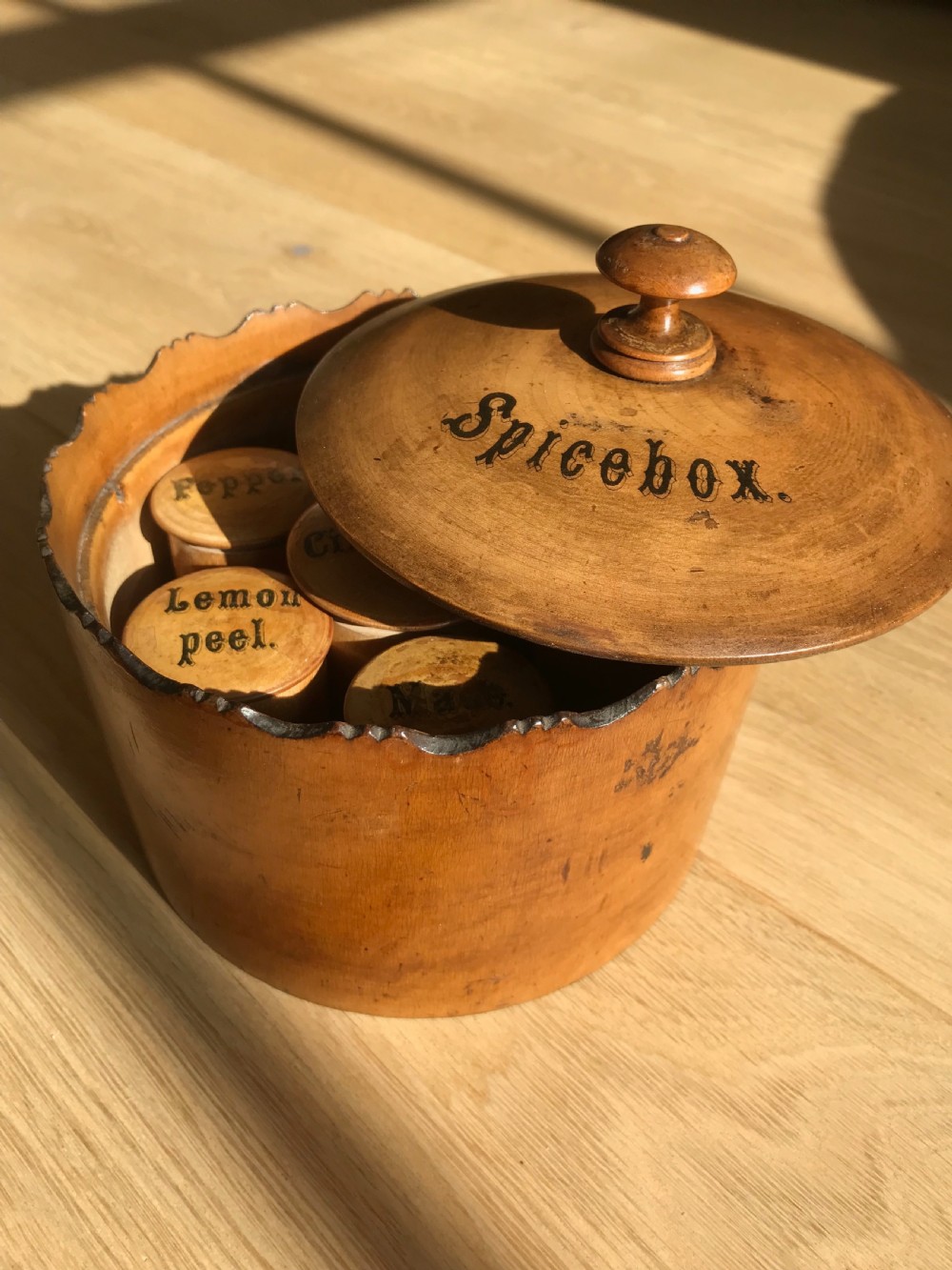 Antique Scottish Spice Box - inside with spice pots - treen View III
