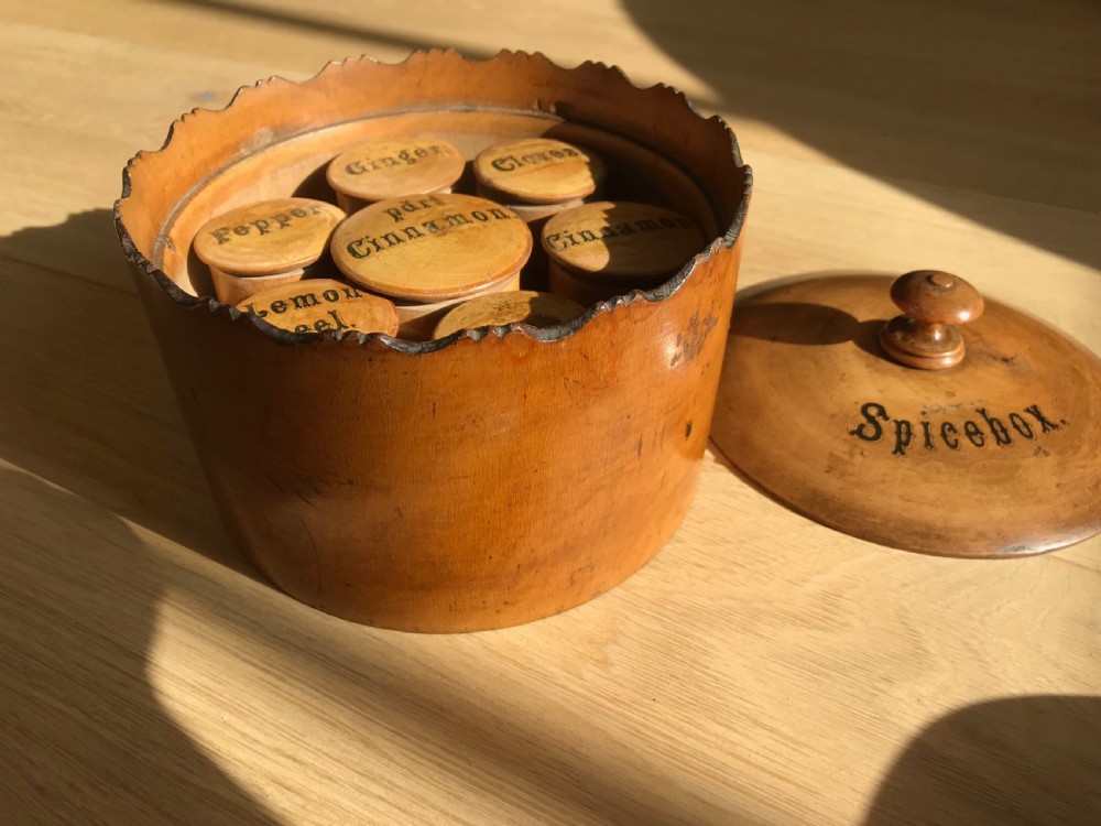 Antique Scottish Spice Box - inside with spice pots - treen View V
