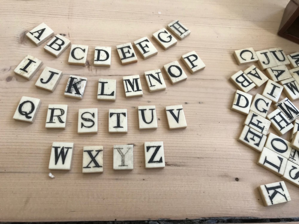 Antique Victorian Spelling & Alphabet Box with bone letters View II