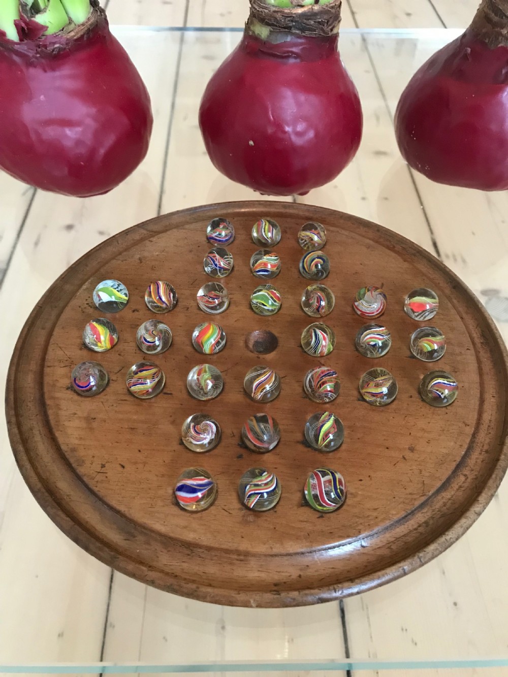 Antique Victorian Solitaire Board & Marbles View IV
