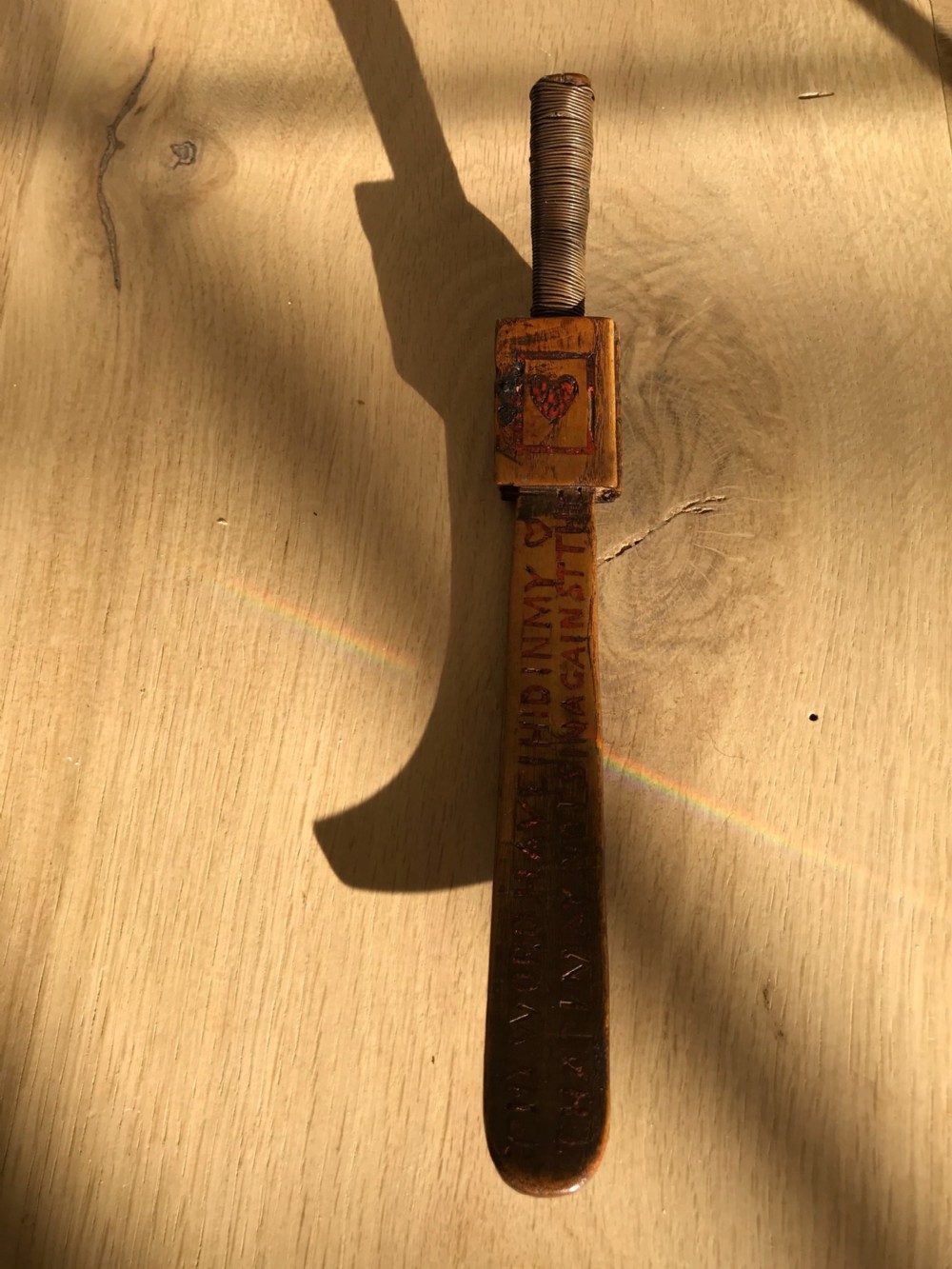 A Rare Antique Treen Knitting Sheath - Carved Bible & Verse in Red 