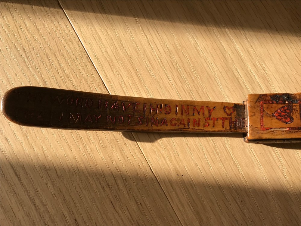 A Rare Antique Treen Knitting Sheath - Carved Bible & Verse in Red  View II