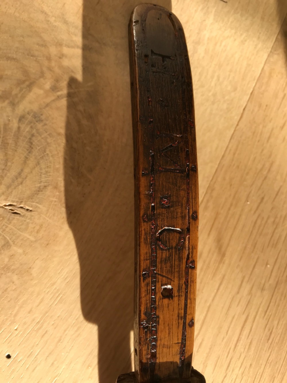 A Rare Antique Treen Knitting Sheath - Carved Bible & Verse in Red  View VII