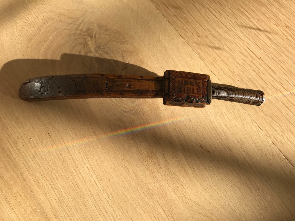 A Rare Antique Treen Knitting Sheath - Carved Bible & Verse in Red  View VIII