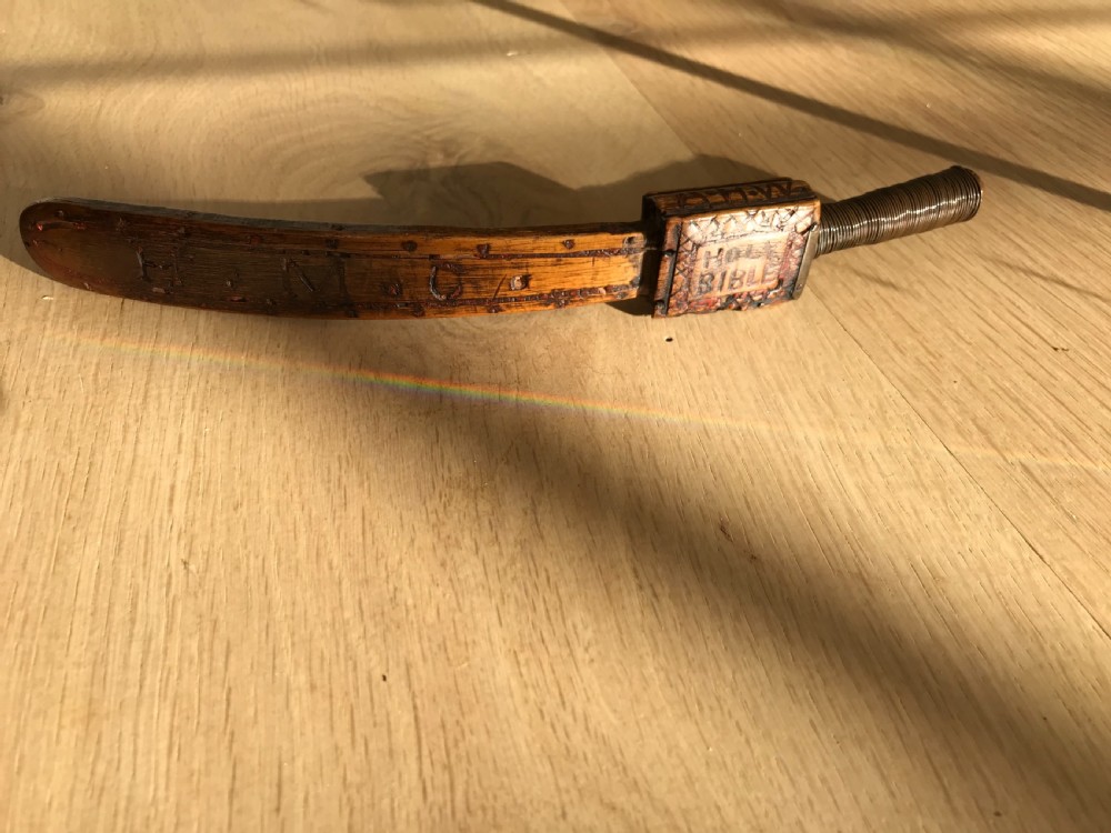 A Rare Antique Treen Knitting Sheath - Carved Bible & Verse in Red  View IX