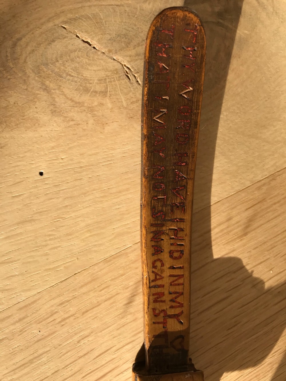 A Rare Antique Treen Knitting Sheath - Carved Bible & Verse in Red  View XI