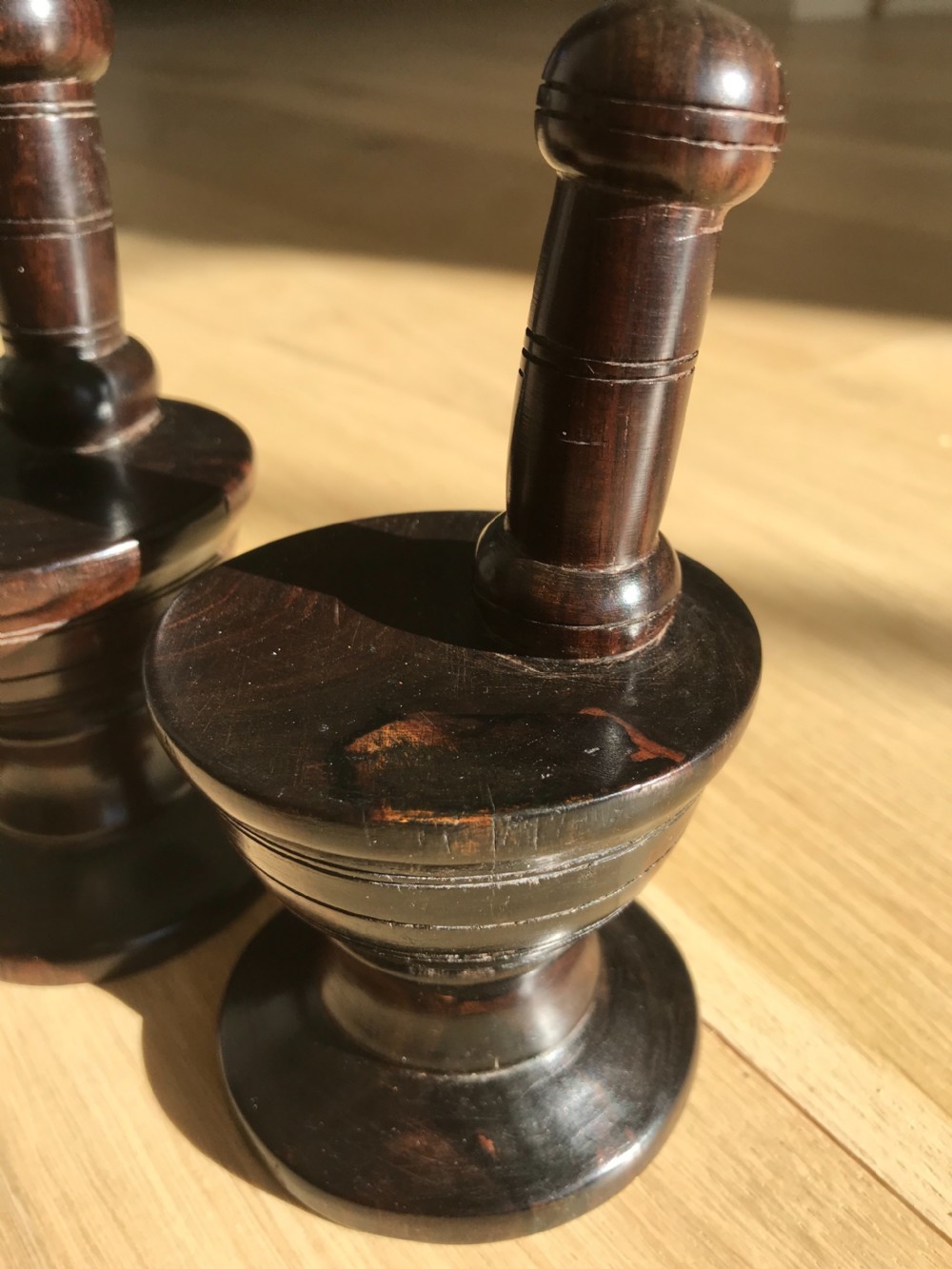A rare pair of antique treen window stops View IV