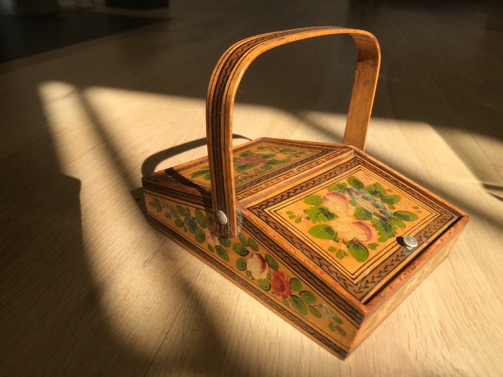 An Antique Sewing Pannier Box with contents