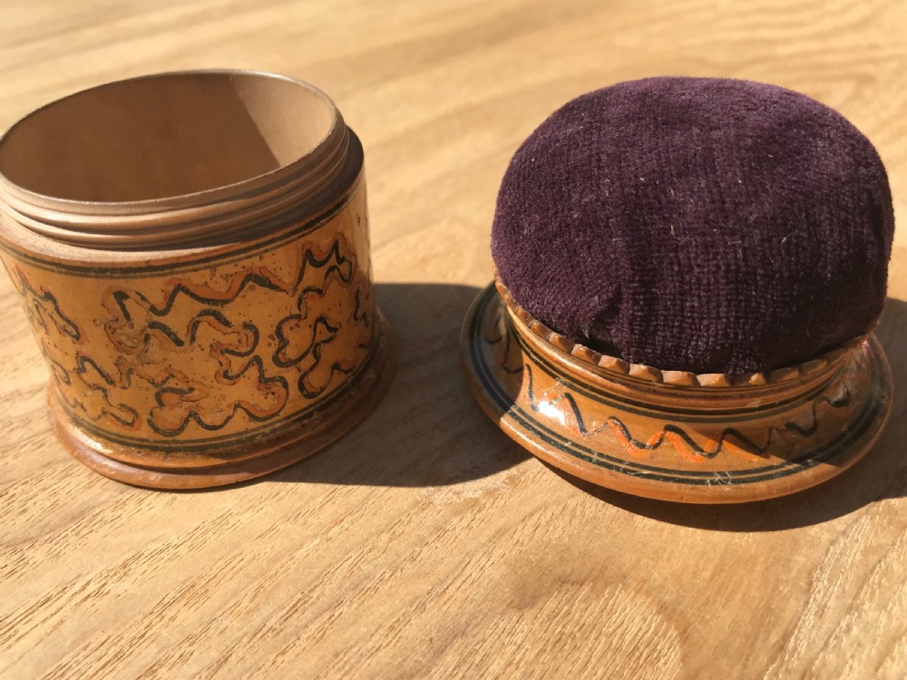Antique Pin Cushion Box - Tunbridge Ware wriggle work