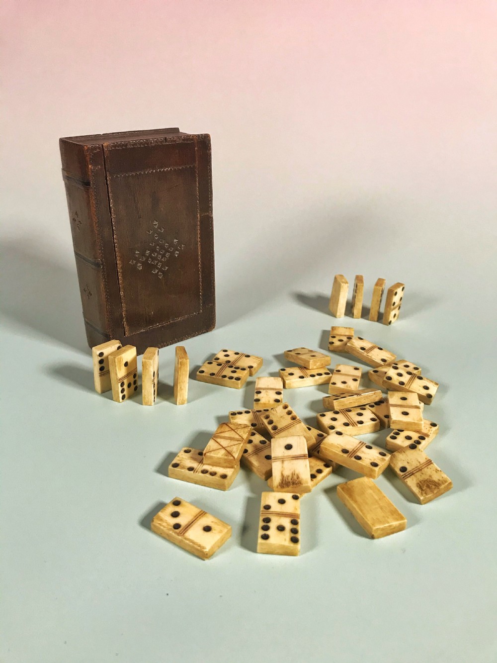 Antique Book Box - Containing 36 bone dominoes View IV