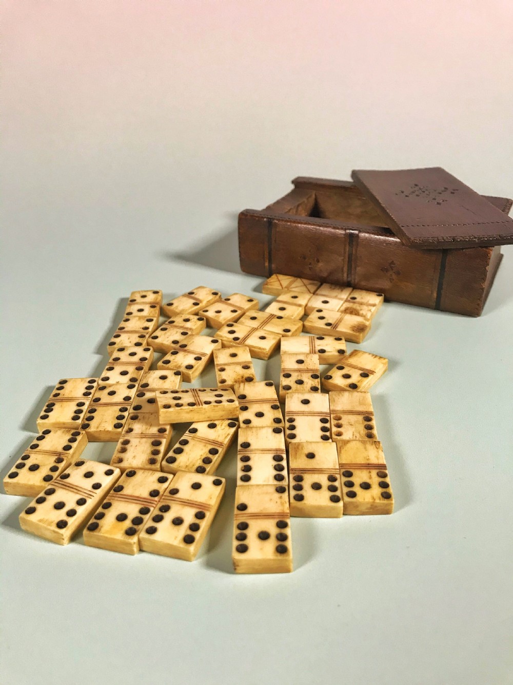 Antique Book Box - Containing 36 bone dominoes View V