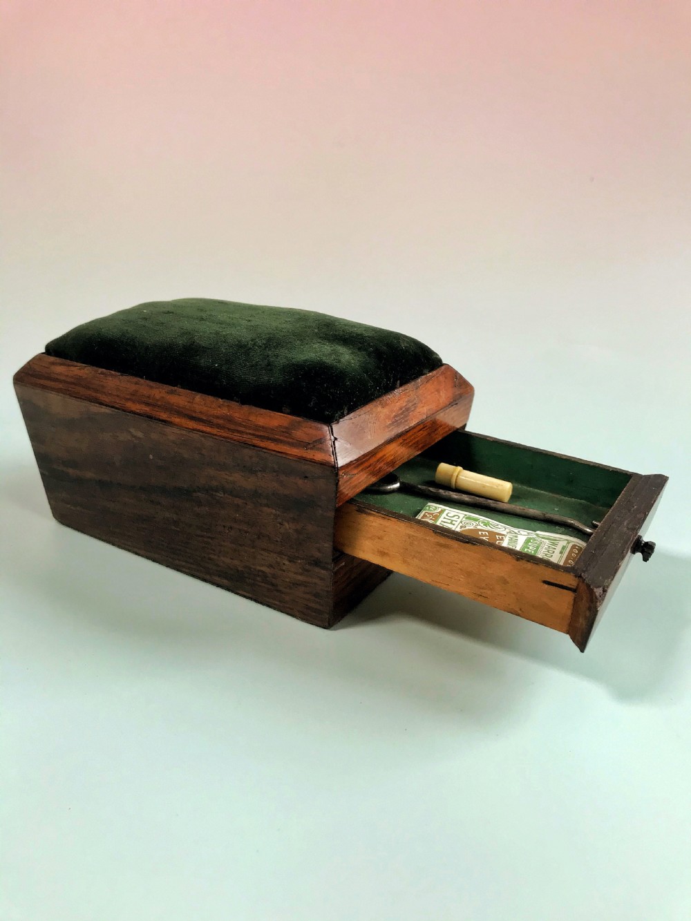 Antique Rosewood Sewing/Pin Cushion Box - with drawer & Lead weighted View IV